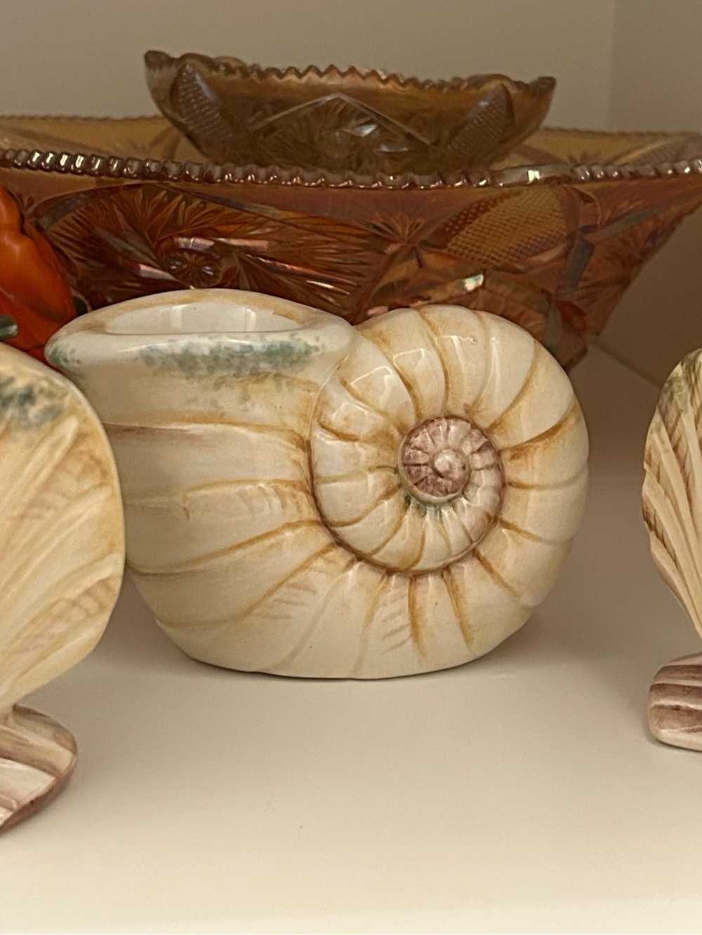 Vietri Shell Candle Holders in Cream, Tan & Green Accents